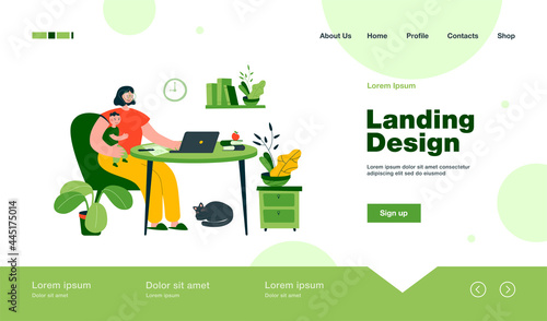 Young mother working online at home with kid. Flat vector illustration. Woman holding baby, sitting at desk and working on computer. Workplace, maternity, freelance concept for banner design