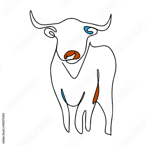 Continuous line drawing of a bull. Vector silhouette of cattle. Livestock. Bull print ready. Vector coloring of a horned animal.