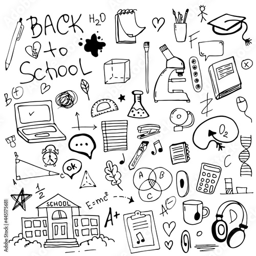 Back to school. Doodle Elements Set - High School. Hand-drawn elements for school.