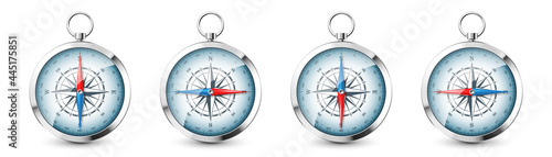 Realistic silver vintage compass with marine wind rose and cardinal directions of North, East, South, West. Shiny metal navigational compass. Cartography and navigation. Vector illustration.
