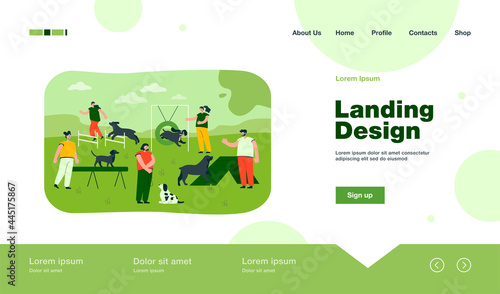 People playing and training their pets on special playground. Flat vector illustration. People training their dogs in city park area. Animal, activity, education, nature concept for banner design
