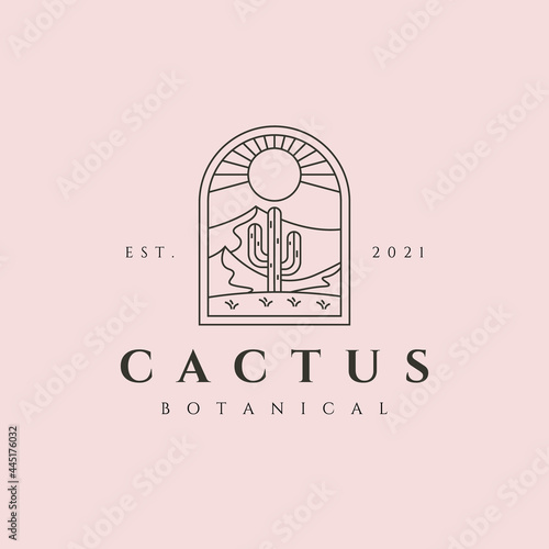 cactus plant on desert logo vector line art minimalist symbol illustration design, vintage cactus logo design
