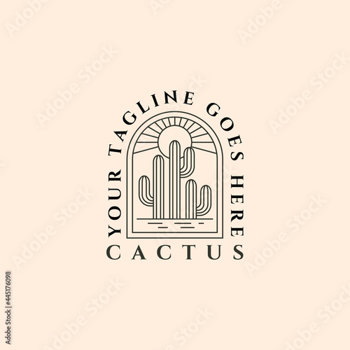 cactus on desert summer logo emblem vector vintage line art illustration design