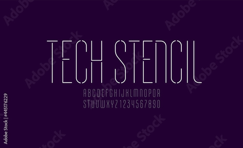 Font from ultra thin line, trendy stencil alphabet, minimal modern condensed letters and numbers, vector illustration 10EPS