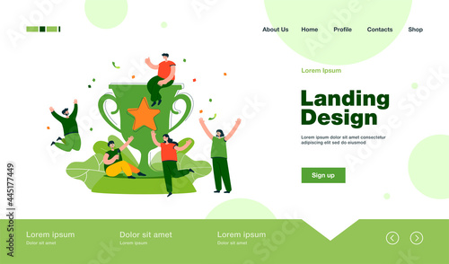 Tiny happy winners near big golden cup flat vector illustration. Cartoon team of champions winning award and celebrating victory. Mission success and teamwork concept