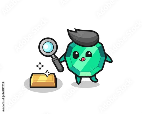 emerald gemstone character is checking the authenticity of the gold bullion
