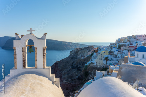 Santorini  Cyclades Islands  Greece. White houses and churches in summer