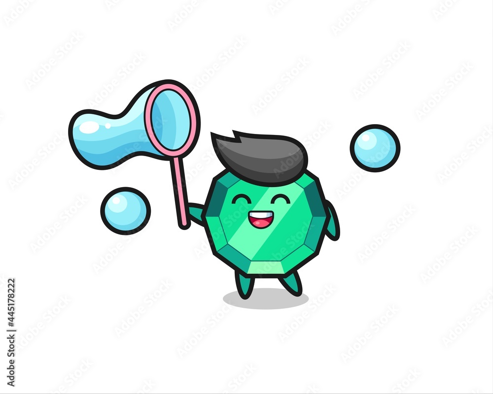 happy emerald gemstone cartoon playing soap bubble