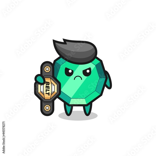 emerald gemstone mascot character as a MMA fighter with the champion belt