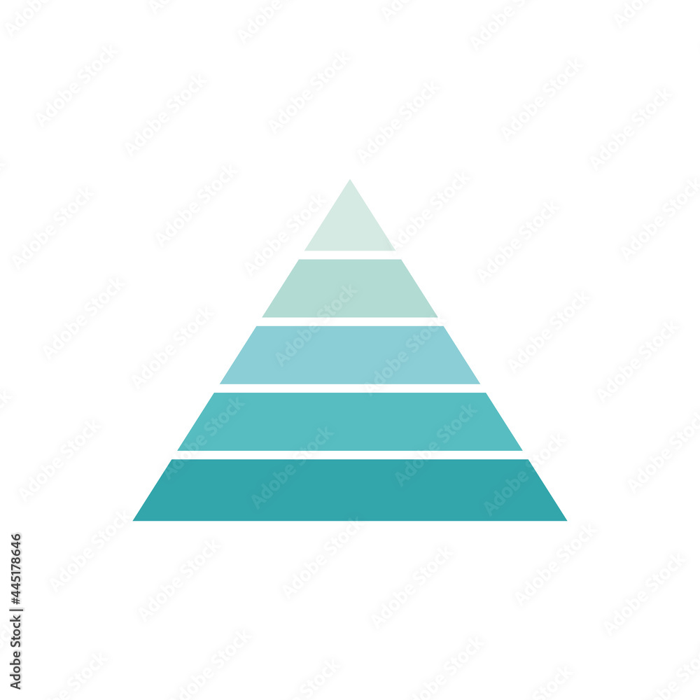 Pyramid infographic template with five charts. Triangle data segments. Blue layout with 5 levels for banner, presentation and report. Vector illustration isolated on white. Pyramid infographic template with five charts. Triangle data segments. Blue layout with 5 levels for banner, presentation and report. Vector illustration isolated on white.