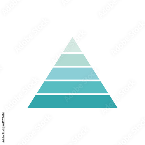 Pyramid infographic template with five charts. Triangle data segments. Blue layout with 5 levels for banner, presentation and report. Vector illustration isolated on white.