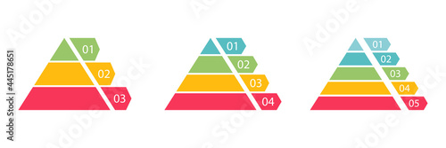 Pyramid infographic colorful set. Triangle hierarchy data segments collection. Vector business illustration isolated on white