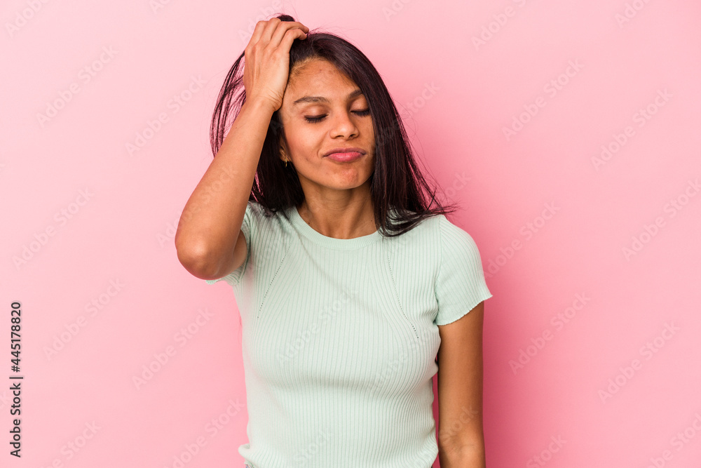 Young latin woman isolated on pink background tired and very sleepy keeping hand on head. Young latin woman isolated on pink background tired and very sleepy keeping hand on head.