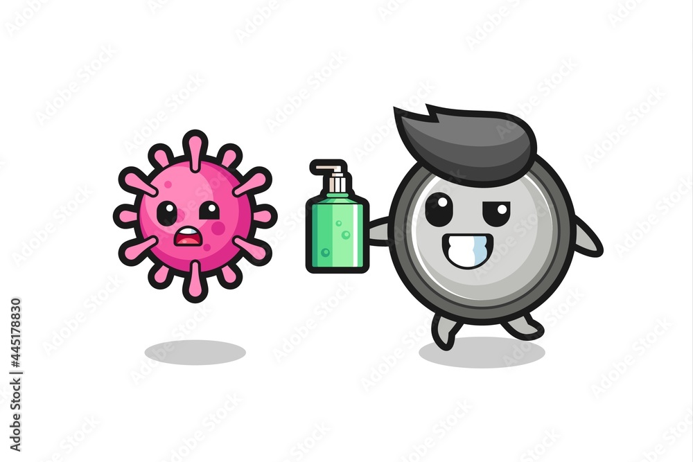 illustration of button cell character chasing evil virus with hand sanitizer illustration of button cell character chasing evil virus with hand sanitizer