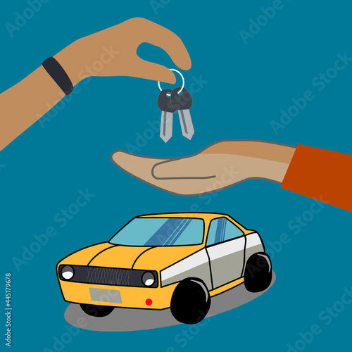 The car salesman and the key to the new owner. The concept of selling and renting car.