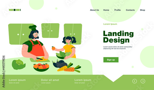 Happy mom and daughter kid cooking salad together in kitchen, cutting fresh vegetables for family lunch at home. Flat vector illustration healthy eating, organic food concept