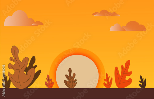 Vector illustration of a automn season day with plants, clouds and sunset . photo