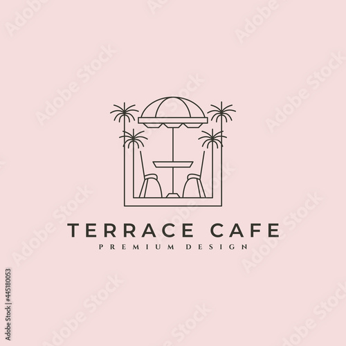 tropical terrace cafe logo vector with palm tree symbol illustration design