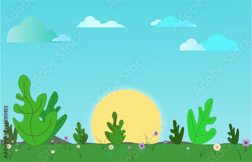 Vector illustration of a spring season day with plants  clouds and sunset marguerit violet flowers.