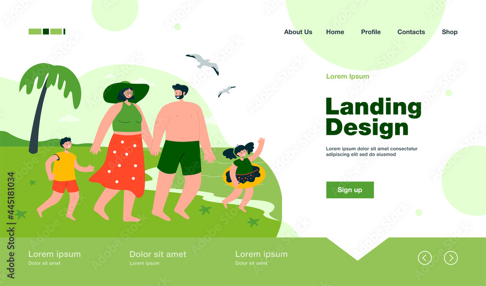 Fototapeta premium Happy family on beach. Mother, father, son and daughter going swimming in sea together flat vector illustration. Summer, vacation, holiday, family concept for banner, website design or landing web