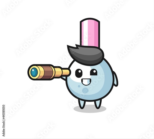 cute cotton bud character is holding an old telescope