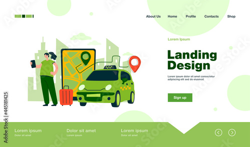 Person ordering cab to airport online. Big screen with route on city map, taxi car, passenger with luggage. Vector illustration for travel, transportation, transport service concept
