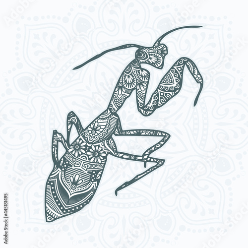 Mantis Mandala. Vintage decorative elements. Oriental pattern, vector illustration.
