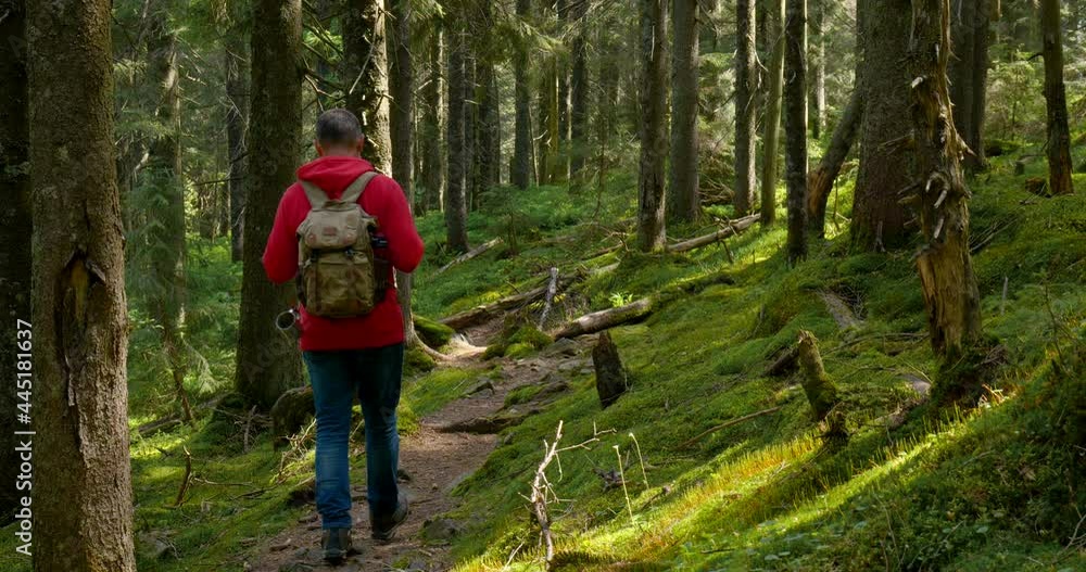 Tourist guy with backpack hiking on an adventure trip in natural landscape