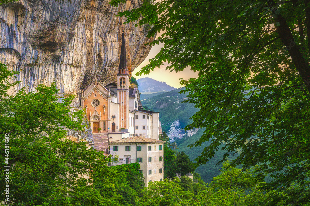 View of the Sanctuary of Madonna of the Corona, it is a place of silence and meditation hidden in the heart of the Baldo rocks, Verona, Lombardy, Italy.
