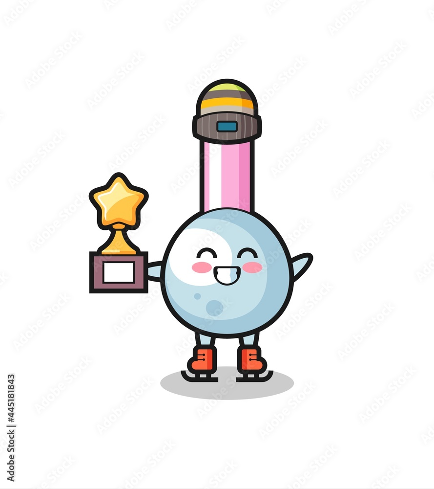 cotton bud cartoon as an ice skating player hold winner trophy