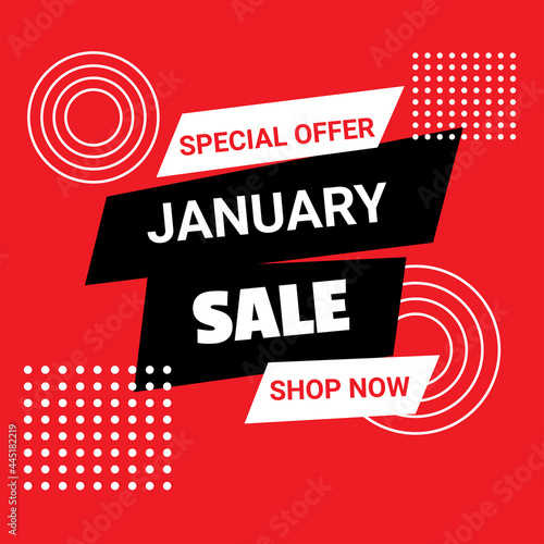 January sale banner template. Special offer. Discount text on red background 