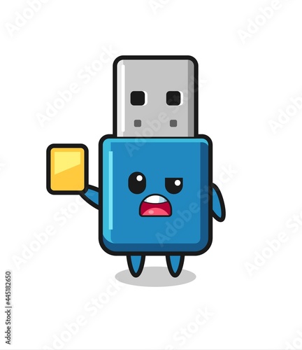 cartoon flash drive usb character as a football referee giving a yellow card