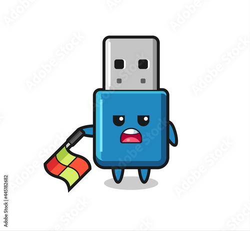 flash drive usb character as line judge hold the flag down at a 45 degree angle