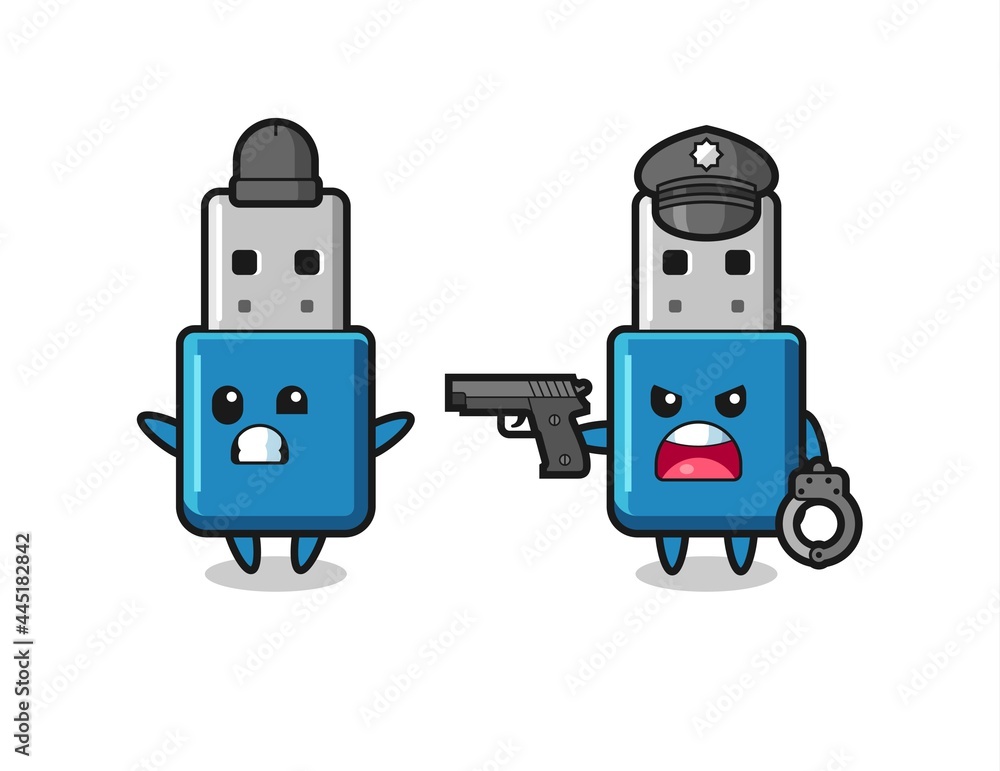 illustration of flash drive usb robber with hands up pose caught by police illustration of flash drive usb robber with hands up pose caught by police