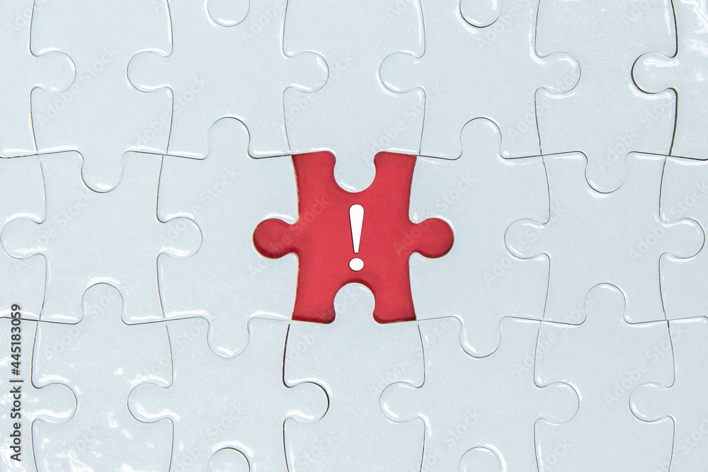 Missing a pieces of puzzle in the center, red space with exclamation mark icon. Missing a pieces of puzzle in the center, red space with exclamation mark icon.