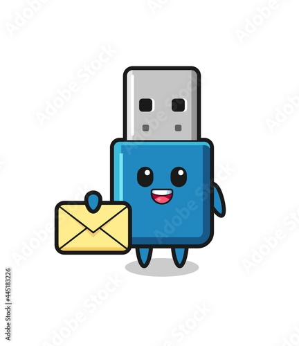 cartoon illustration of flash drive usb holding a yellow letter