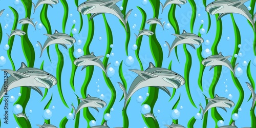 Bright childish fabric design. Print for children's textiles. Sea world. Underwater inhabitants of oceanic patterns. Shark seamless pattern.
