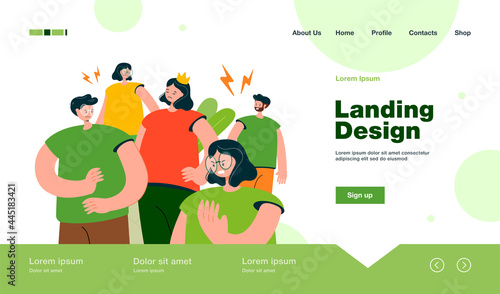 Arrogant selfish person in crown making group of people annoyed and angry. Lonely girl having behavior problems. Vector illustration for aggressive society, bad communication concept