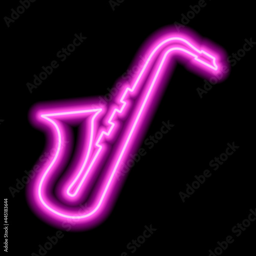 Neon saxophone on a black background. Pink contour.