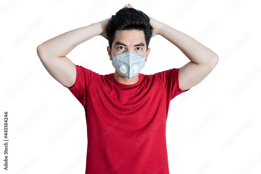Stressful COVID-19 Coronavirus portrait handsome young asian .man wearing red shirt and mask protection from covid 19 isolated on gray background in studio. Asian man people. COVID-19 concept. Stressful COVID-19 Coronavirus portrait handsome young asian .man wearing red shirt and mask protection from covid 19 isolated on gray background in studio. Asian man people. COVID-19 concept.