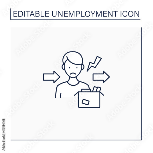 Fired line icon. Dismiss worker from job. Upset man lost job. Staff reduction.Unemployment concept. Isolated vector illustration.Editable stroke