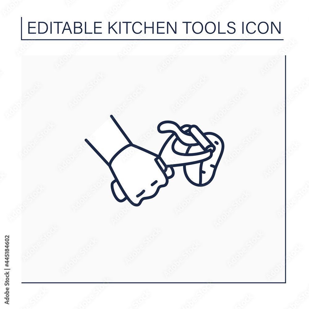 Peeler line icon. Vegetable scraper. Remove outer layer. Kitchen tools concept. Isolated vector illustration. Editable stroke Peeler line icon. Vegetable scraper. Remove outer layer. Kitchen tools concept. Isolated vector illustration. Editable stroke