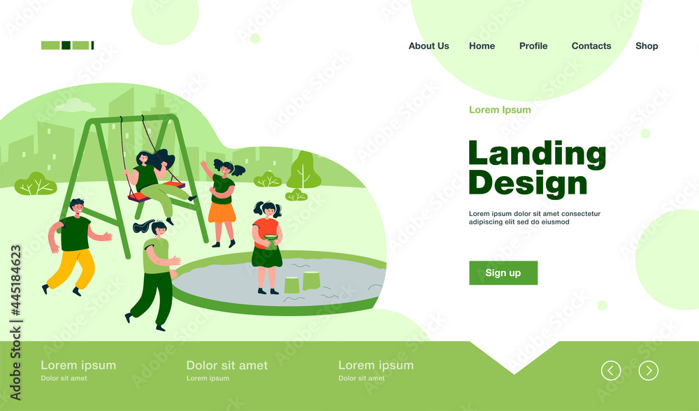 Cute children having fun on playground. Happy boys and girls on swing, slide, in sandbox flat vector illustration. Outdoor activity, childhood concept for banner, website design or landing web page Cute children having fun on playground. Happy boys and girls on swing, slide, in sandbox flat vector illustration. Outdoor activity, childhood concept for banner, website design or landing web page