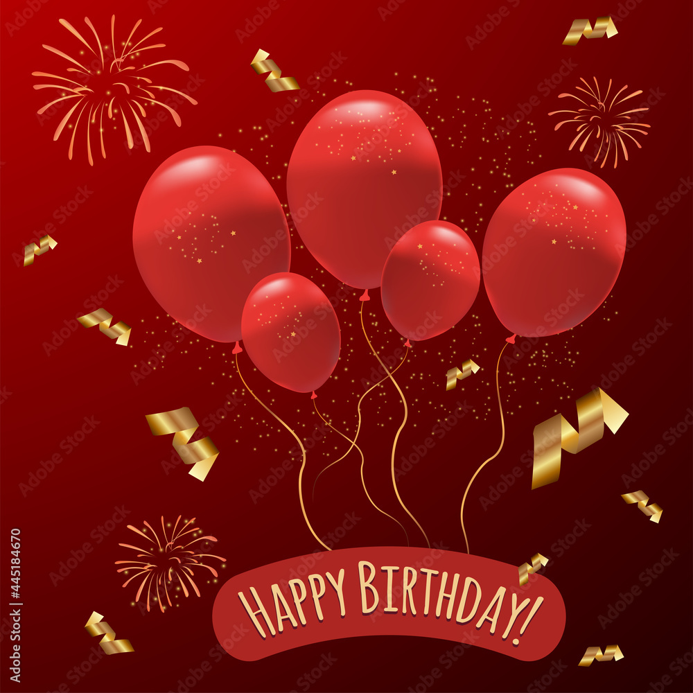 Red balloons with gold sparkles and fireworks on a red background