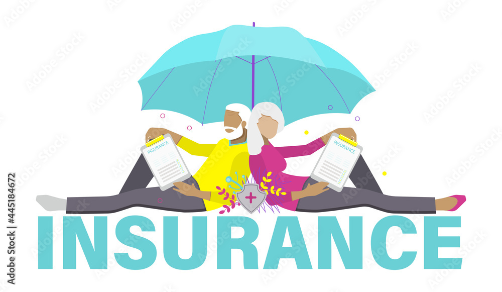 Fototapeta premium Medical and health insurance concept for well-being of elderly. Senior couples with an insurance policy and protective umbrella. Flat vector illustration.