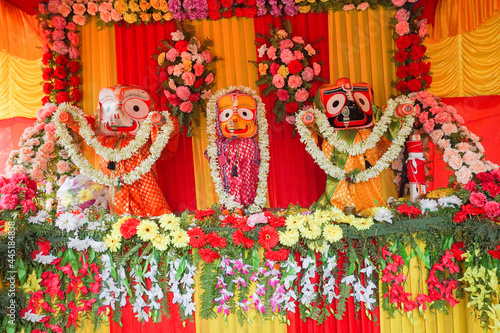 Idol of God Jagannath, Balaram and Suvodra is being worshipped. Ratha jatra festival at Howrah, West Bengal, India. photo