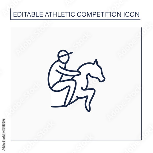 Horse racing line icon. Equestrian performance sport. Jockeys ride on horse. Athletic competition concept. Isolated vector illustration. Editable stroke