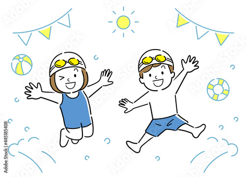 ベクターイラスト素材：ベクターイラスト素材：プール、ジャンプする子供たち
