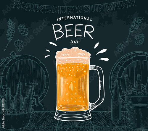 International Beer Day illustration vector design with hand drawn element isolated on black background can be use for party, celebration and festival