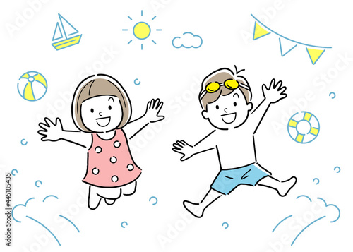 ベクターイラスト素材：ベクターイラスト素材：プール、海でジャンプする子供たち
